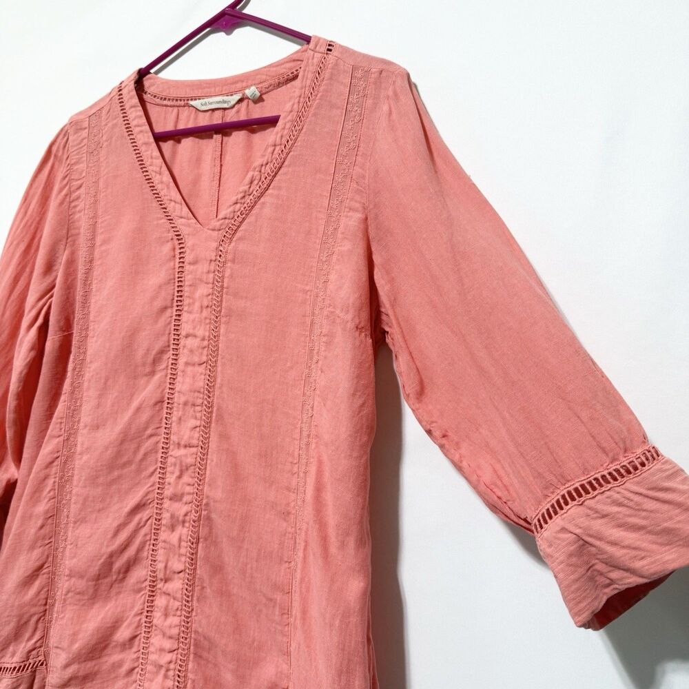 Soft Surroundings Coral Linen Tunic Top Medium V Neck 3/4 Sleeve Boho - Picture 4 of 11